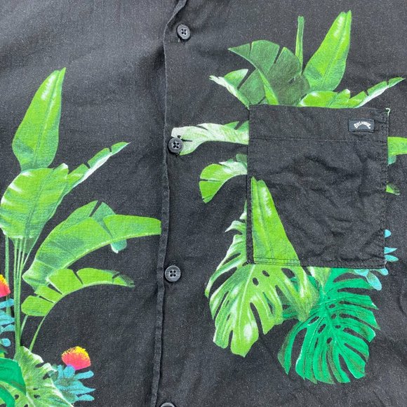 Billabong Gallery Hawaiian Shirt Men Medium M Black Green Floral Button Up Beach - Picture 2 of 12